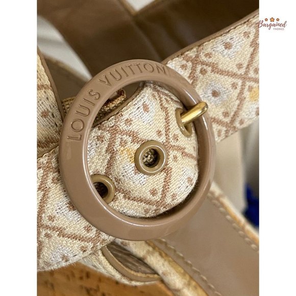 Authentic Louis Vuitton Cream Beige Printed Wedge Cork Platform Sandals 39.5/9.5 - Picture 2 of 14